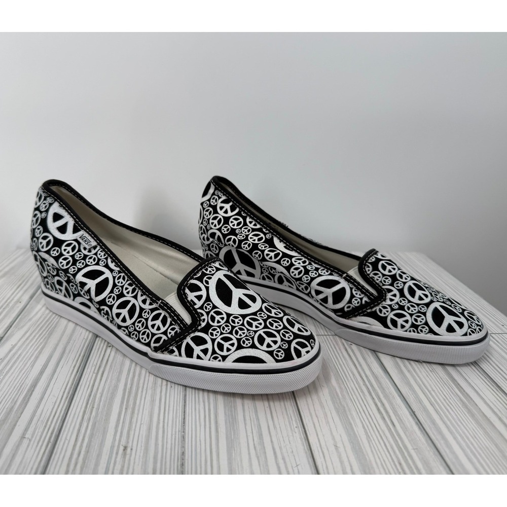 Vans‎ Authentic Peace Sign Print Sneakers Black White Low Top Canvas Women 8.5